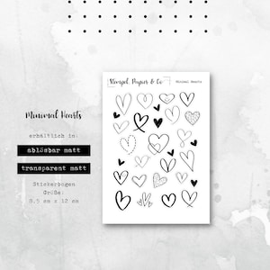 Folha de adesivos de vários corações, formas de coração preto e branco | Adesivos para Bullet Journal e Planner | minimalista