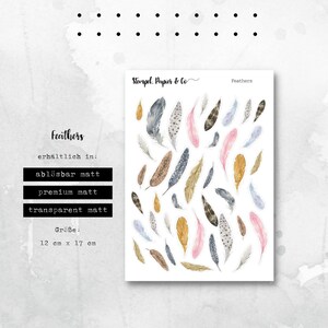 Stickerbogen mit Federn, Feder Motiven, einzeln ablöse Sticker für Bullet Journal, Planer und Kalender im Aquarellstil