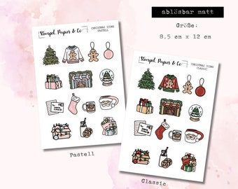 small sticker sheet with individually removable Christmas symbols, classic and pastel for bullet journal, planner and calendar