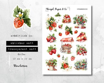 Sticker sheet with strawberries, strawberry motifs, individually removable stickers for decorating bullet journals, planners and calendars