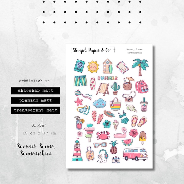 Stickerbogen Sommerurlaub, Strand, Ferien, einzeln ablösbare Sticker für Bullet Journal, Planer und Kalender