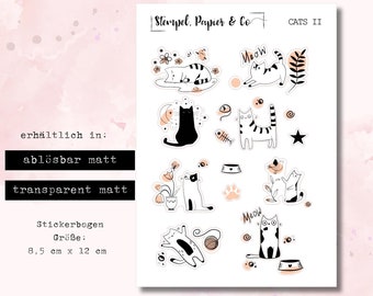 Sticker sheet of playful cats in black and white, individually removable stickers for bullet journals, planners and calendars