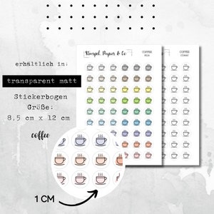Foglio adesivo caffè, tazza di caffè - adesivi con simboli circolari in trasparente opaco per bullet journal, agenda e calendario