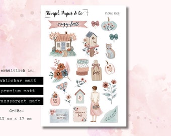 Sticker sheet with sweet floral autumn motifs, individually removable decorative stickers for bullet journals, planners and calendars