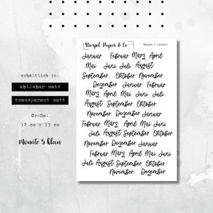 Foglio di adesivi mesi da gennaio a dicembre, adesivi mensili | Adesivi per bullet journal, agenda e calendario, carattere 5 piccolo