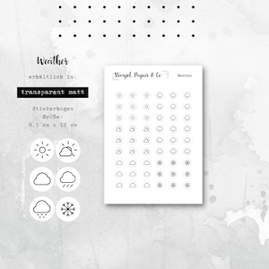 Folha de autocolantes meteorológicos, símbolos meteorológicos, sol, chuva, etc., autocolantes circulares transparentes mate | Adesivos para bullet journal, planners e calendários