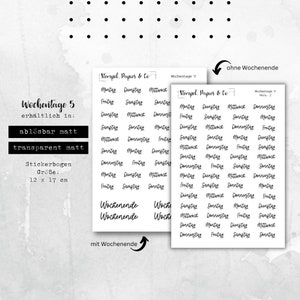 Foglio di adesivi dei giorni feriali, dal lunedì alla domenica, fine settimana in tedesco, adesivi rimovibili singolarmente per bullet journal e calendario, carattere 5