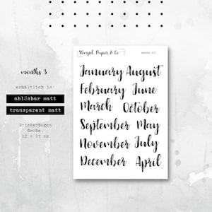 Stickervel maanden januari t/m december in het Engels, cursief, letters, lettertype 3 | Stickers voor bullet journal, planners en kalenders