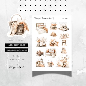 Stickervel met gezellig herfsthuisinterieur in beige tinten, individueel verwijderbare stickers voor bullet journal, planner, kalender