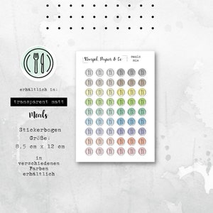 Refeição de folha de adesivo, comida, prato. Talheres, adesivos circulares removíveis em transparente fosco para bullet journal, planner e calendário