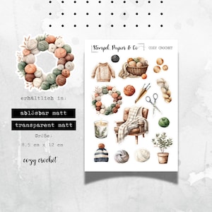 kleiner Stickerbogen mit gemütlichen Motiven zum Häkeln, einzeln ablösbare Sticker zum Dekorieren für Bullet Journal, Planer und Kalender