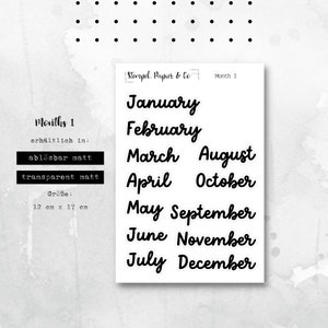 Stickervel maanden januari t/m december in het Engels | Stickers voor bullet journal en planners