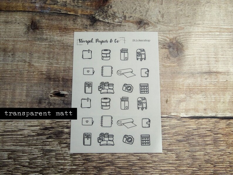 Sticker sheet Stickershop elements black and white, individually removable stickers such as printers, plotters and more for bullet journals, planners, calendars transparent matt