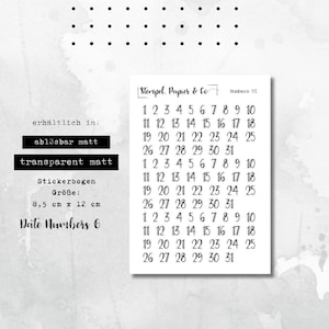 Stickerbogen Datumszahlen, einzeln ablösbare Sticker mit Zahlen für das Tagesdatum für Bullet Journal, Planer oder Kalender, Schriftart 6