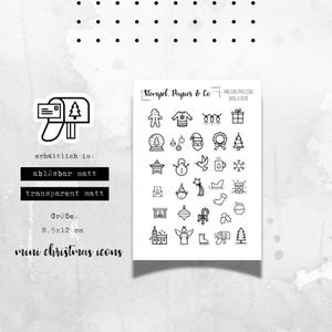 Klein stickervel met kerstsymboolmotieven in zwart en wit, individueel verwijderbare stickers voor het versieren van bullet journals, kalenders