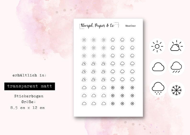 Weather sticker sheet, weather symbols, sun, rain, etc., circular stickers, transparent, matt Stickers for bullet journals, planners and calendars image 1