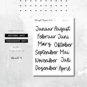 Stickervel maanden januari t/m december in het Duits, individueel verwijderbare stickers in lettertype 4 voor bullet journal, planner of kalender