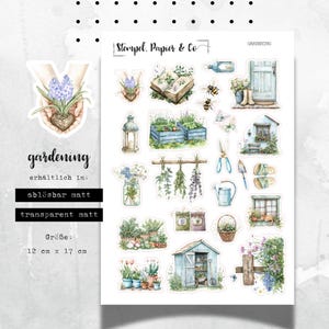 Stickerbogen mit Gartenmotiven, Gartenarbeit, einzeln ablösbare Sticker für Bullet Journal, Planer und Kalender