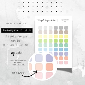Foglio di adesivi quadrato, diversi colori, adesivi rimovibili individualmente di forma quadrata in trasparente opaco per bullet journal, calendario