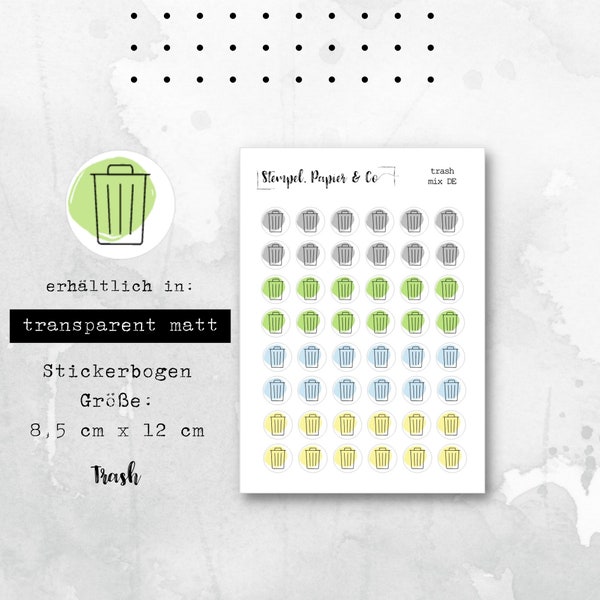 Stickerbogen Müll, Mülltonnen in transparent matt | Sticker für Bullet Journal, Planer und Kalender