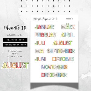 Foglio di adesivi mesi da gennaio a dicembre, adesivi rimovibili singolarmente nel carattere 10 per bullet journal, agenda e calendario, 12 x 17 cm