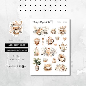 Foglio di adesivi con motivi di caffè e fiori in stile boho nei toni del beige, adesivi rimovibili individualmente per bullet journal, agende e calendari