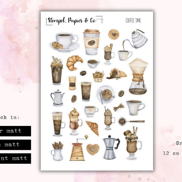 Stickerbogen mit einzeln ablösbare Stickern "Kaffeezeit" mit verschiedenen Kaffeemotiven für Bullet Journal, Planer und Kalender | Aquarell