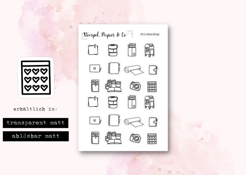 Sticker sheet Stickershop elements black and white, individually removable stickers such as printers, plotters and more for bullet journals, planners, calendars image 1