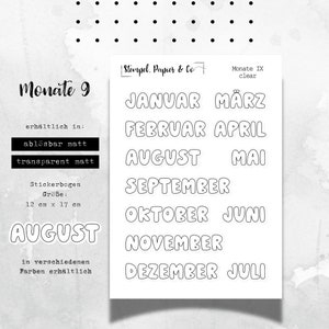 Foglio di adesivi mesi da gennaio a dicembre, adesivi rimovibili singolarmente nel carattere 9 per bullet journal, agenda e calendario, 12 x 17 cm