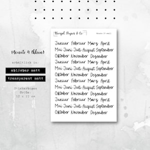 Foglio di adesivi mesi da gennaio a dicembre, adesivi mensili, carattere 4, adesivi rimovibili individualmente per bullet journal, agenda e calendario