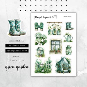 Folha de autocolantes com motivos de jardim em tons de verde, autocolantes removíveis individualmente para bullet journals, planners e calendários