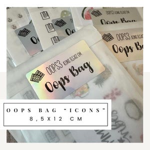 Borsa di adesivi Oops con vari piccoli fogli di adesivi 8,5 x 12 cm con icone/simboli del mio negozio con piccoli errori di stampa e taglio