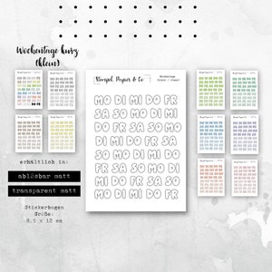 Stickerbogen Wochentage, Montag bis Sonntag in deutsch, Kürzel  | einzeln ablösbare Sticker für Bullet Journal, Planer und Kalender