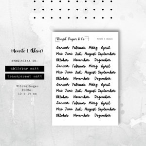 Stickervel maanden januari t/m december, maandstickers, lettertype 1 | Stickers voor bullet journal, planners en kalenders