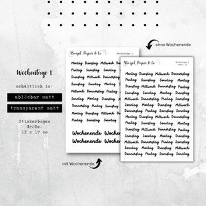 Stickerbogen Wochentage, Montag bis Sonntag  | Sticker für Bullet Journal und Planer