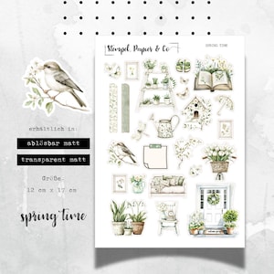 Stickerbogen Frühlingszeit mit frühlingshaften Motiven wie Tulpen,  einzeln ablösbare Sticker für Bullet Journal, Planer und Kalender