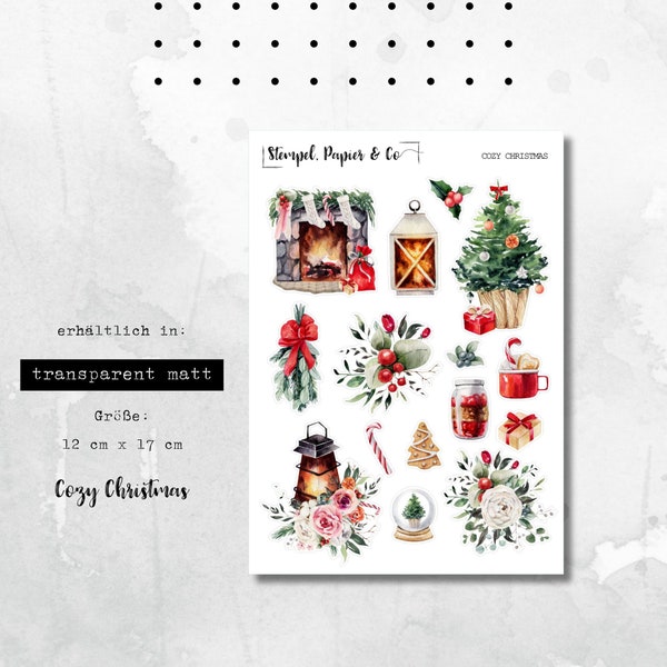 Stickerbogen mit weihnachtlichen Dekomotiven, einzeln ablösbare Sticker in transparent matt für Bullet Journal, Planer und Kalender