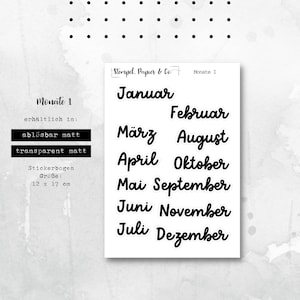 Stickervel maanden januari t/m december in het Duits, individueel verwijderbare stickers in lettertype 1, voor bullet journal, planner of kalender
