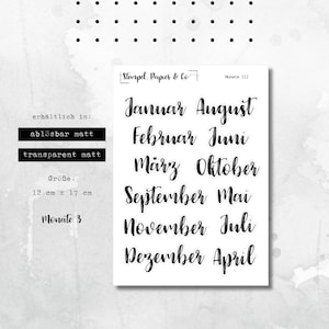 Foglio di adesivi mesi da gennaio a dicembre in tedesco, adesivi rimovibili singolarmente in carattere III per bullet journal e agenda
