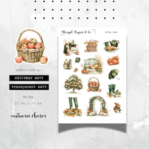 Stickerbogen mit herbstlichen Motiven in grün und orange, einzeln ablösbare Sticker zur Dekoration für Bullet Journal, Planer, Kalender