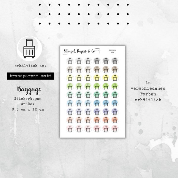 Stickerbogen Koffer, Reisekoffer mit einzeln ablösbaren kreisrunden Stickern in transparent matt für Bullet Journal, Planer und Kalender