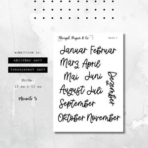 Stickervel maanden januari t/m december in het Duits, individueel verwijderbare stickers in het lettertype V voor bullet journal en planner