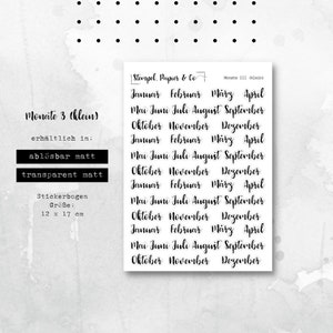 Stickervel maanden januari t/m december, kleine maandstickers, lettertype 3, stickers voor bullet journal, planner en kalender