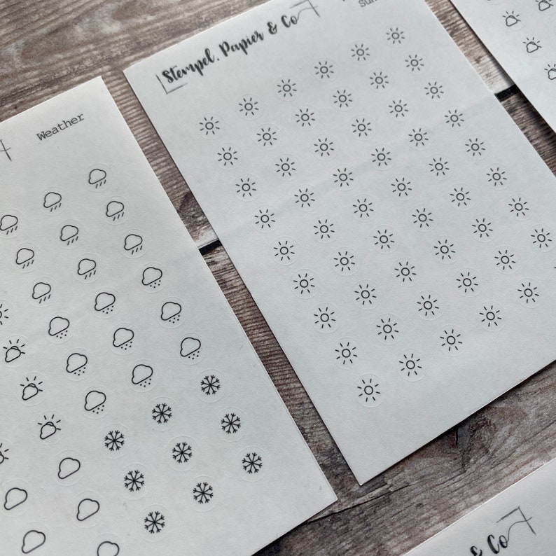 Weather sticker sheet, weather symbols, sun, rain, etc., circular stickers, transparent, matt Stickers for bullet journals, planners and calendars image 4