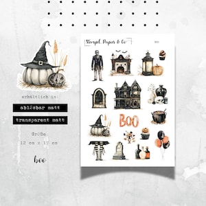 Stickerbogen mit Halloween Motiven im Vintagestil orange, einzeln ablösbare Sticker zur Dekoration für Bullet Journal, Planer, Kalender