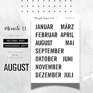 Stickervel maanden januari t/m december, afzonderlijk verwijderbare stickers in lettertype 11 voor bullet journal, planner en kalender, 12 x 17 cm
