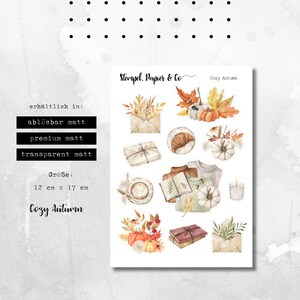 Foglio di adesivi con piacevoli motivi autunnali in stile acquerello, ogni adesivo rimovibile individualmente per bullet journal, agenda e calendario
