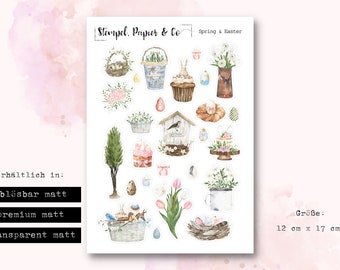 Sticker sheet with elements for spring and Easter | Stickers for decoration in bullet journal, planner and calendar | Watercolor style
