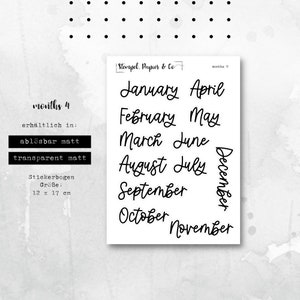 Foglio di adesivi mesi da gennaio a dicembre in inglese, adesivi rimovibili individualmente nel carattere 5 per bullet journal, agenda e calendario