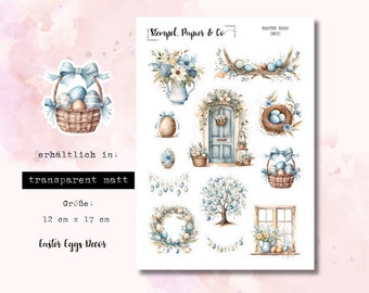 Sticker sheet with Easter egg decoration in blue tones watercolor, individually removable stickers transparent matt for bullet journal, planner, calendar